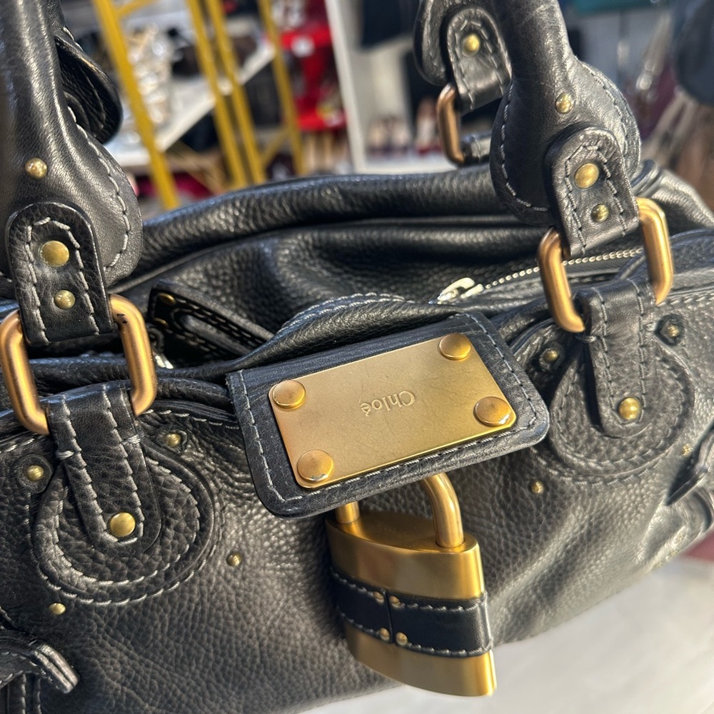 Chloe Black Leather Satchel with Gold Accents